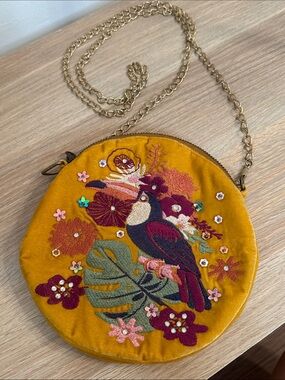 Embroidered Parrot Round Crossbody Bag — Mustard Yellow